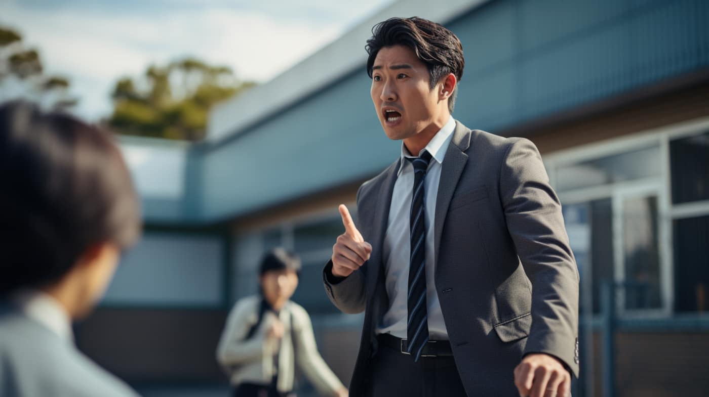 児童・生徒に対して、威圧的に指を突きつけて怒鳴る教員のイメージ